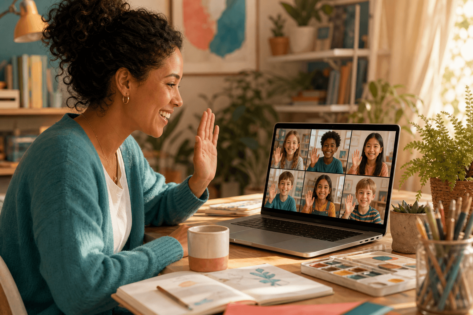 Host leading a live virtual after-school club with children on a video call